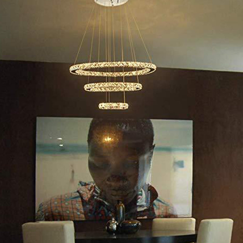 Sleek Stainless Steel Chandelier: Faceted Crystal Circle Led Pendant Lighting For Dining Room