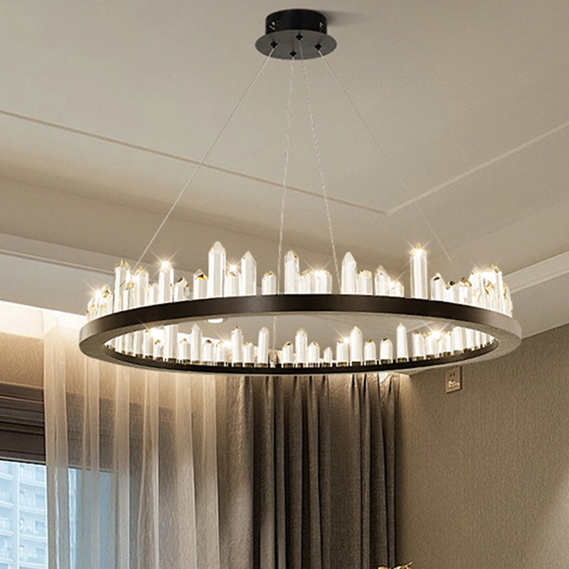 Sleek Led Ring Chandelier Crystal Pendant Light For Modern Living Rooms - Black