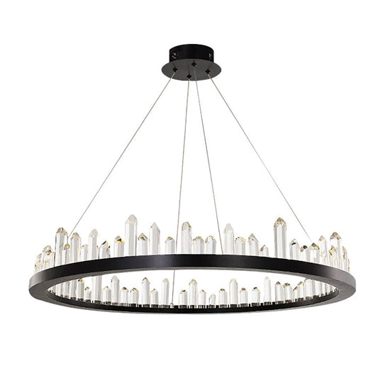 Sleek Led Ring Chandelier Crystal Pendant Light For Modern Living Rooms - Black