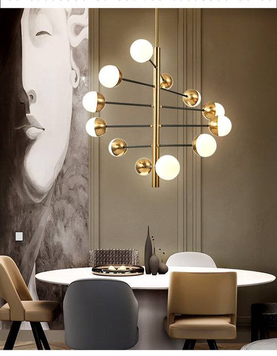 Opal Glass Pendant Chandelier - Elegant Gold Vertical Hanging Light For Dining Room