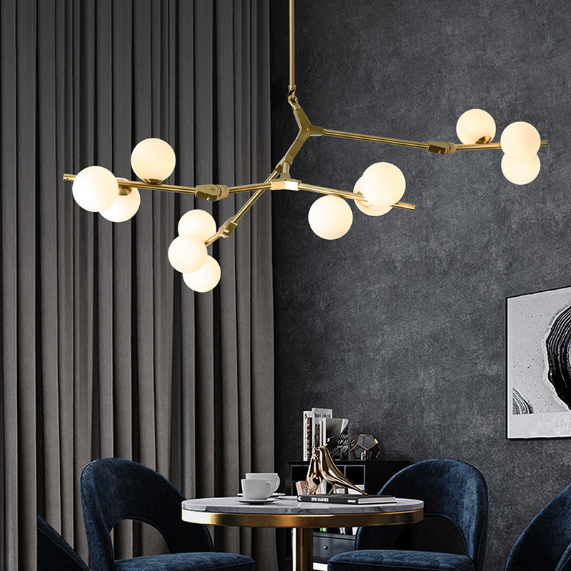 Sleek Metal Chandelier | Minimalistic Tree Branch Suspension Light With White Glass Ball Shade For