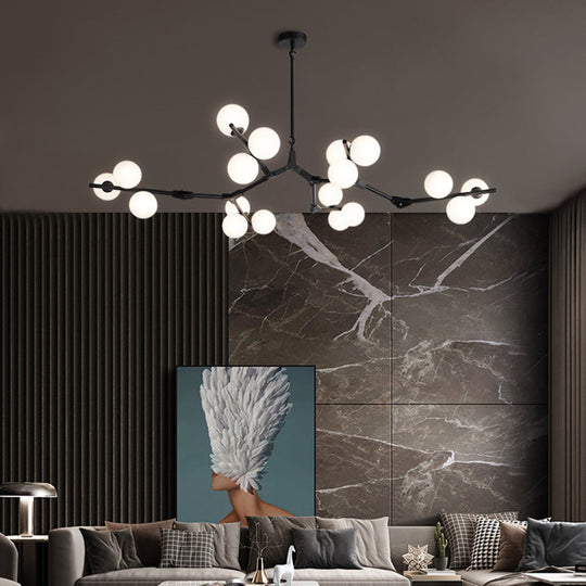 Sleek Metal Chandelier | Minimalistic Tree Branch Suspension Light With White Glass Ball Shade For