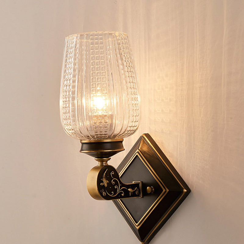 Contemporary Wall Mounted Light With Clear Textured Glass - Brass Finish