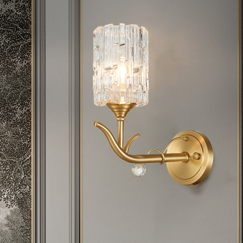 Vintage Style Clear Glass Wall Sconce With Gold Finish - Half-Head Cylindrical Corridor Mount Light
