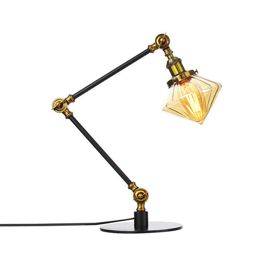 Vintage Diamond Shade Table Lamp: Amber/Clear Glass Adjustable Arm - Black/Brass