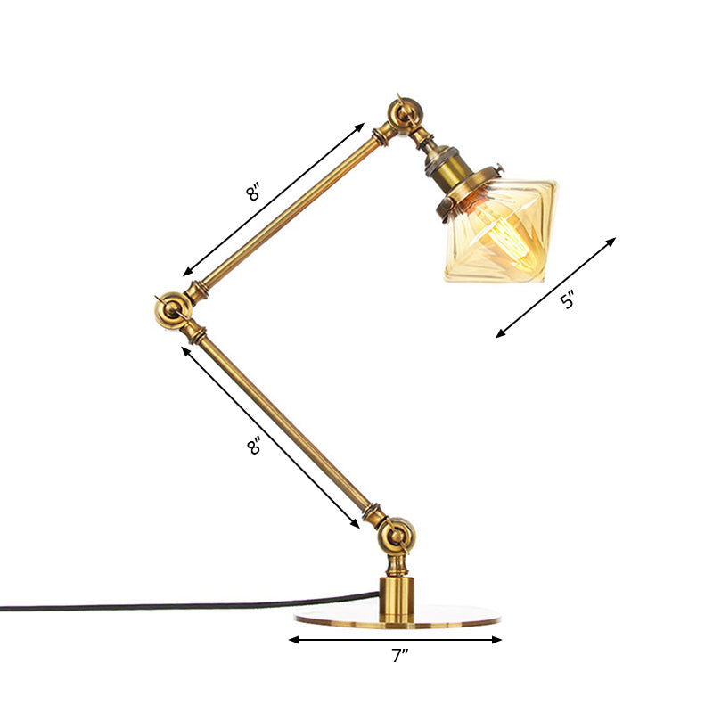 Vintage Diamond Shade Table Lamp: Amber/Clear Glass Adjustable Arm - Black/Brass