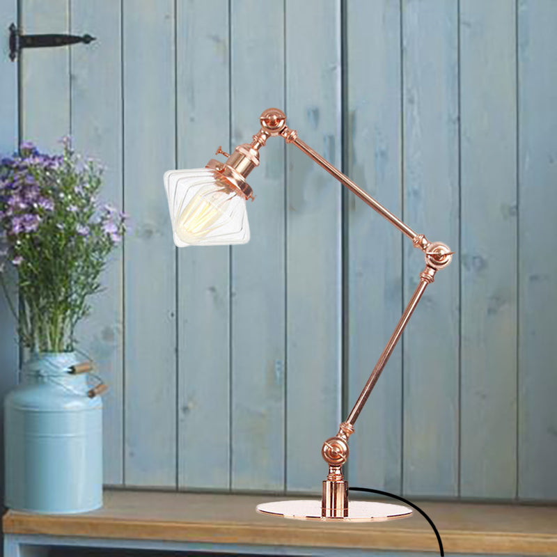 Vintage Diamond Shade Table Lamp: Amber/Clear Glass Adjustable Arm - Black/Brass Copper / Clear A