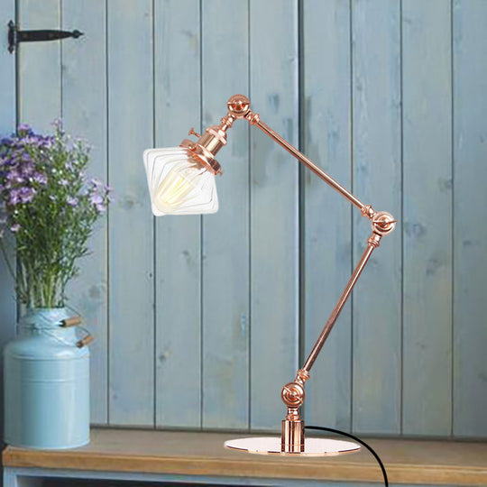 Vintage Diamond Shade Table Lamp: Amber/Clear Glass Adjustable Arm - Black/Brass Copper / Clear A