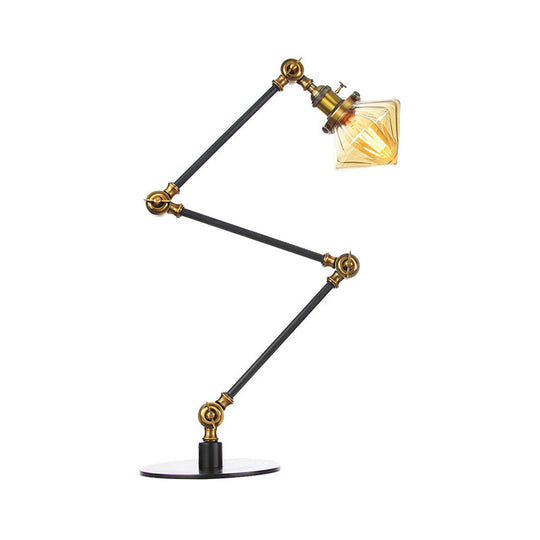 Vintage Diamond Shade Table Lamp: Amber/Clear Glass Adjustable Arm - Black/Brass