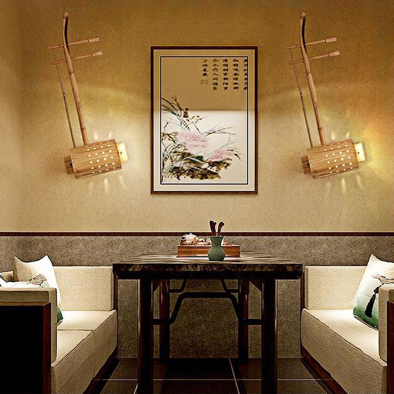 Asian Wood Wall Sconce Lamp With Bamboo Shade