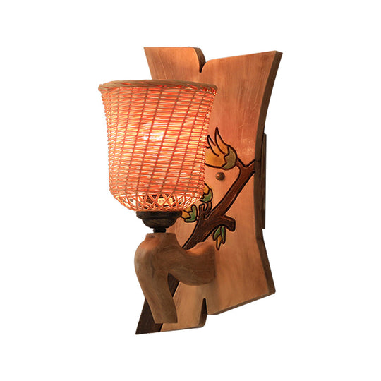 Traditional Bamboo Wall Mounted Lamp With Wood Kettle/Bell/Trumpet Sconce Light 1 Bulb