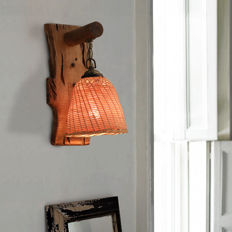 Traditional Wood Cone/Cylinder Wall Lamp - Beige Sconce Light With Rectangle Backplate / Cone