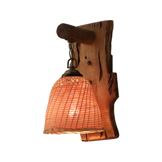 Traditional Wood Cone/Cylinder Wall Lamp - Beige Sconce Light With Rectangle Backplate