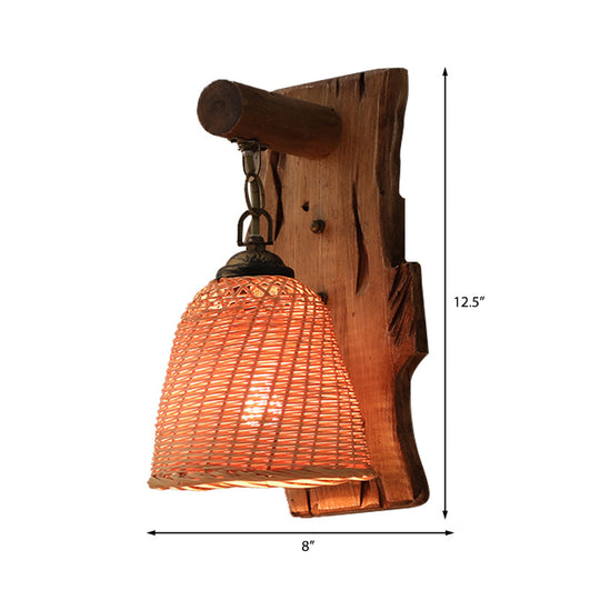 Traditional Wood Cone/Cylinder Wall Lamp - Beige Sconce Light With Rectangle Backplate