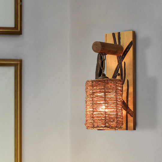 Traditional Wood Cone/Cylinder Wall Lamp - Beige Sconce Light With Rectangle Backplate / Cylinder