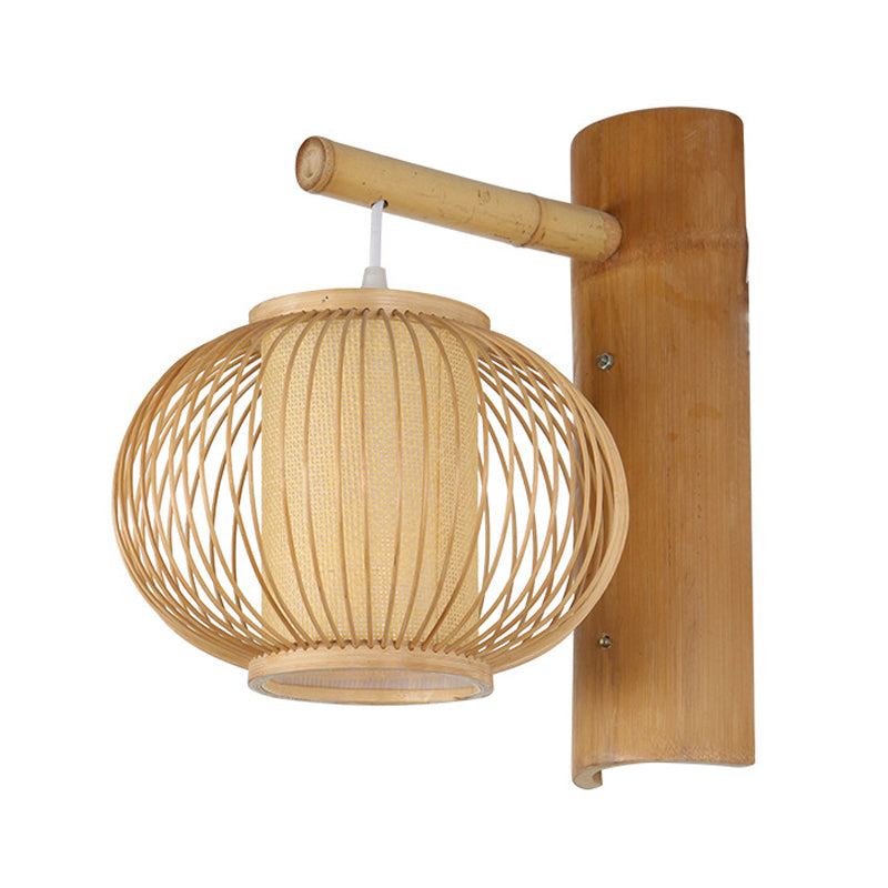 Contemporary Bamboo Wood Pumpkin Wall Lamp With Inner Cylinder Parchment Shade - 1 Bulb Sconce Light