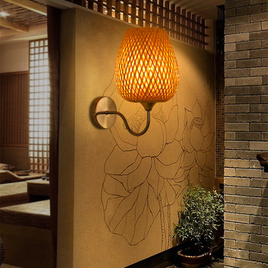 Modern Bamboo Wall Sconce With Wood Fixture And Curved Metal Arm