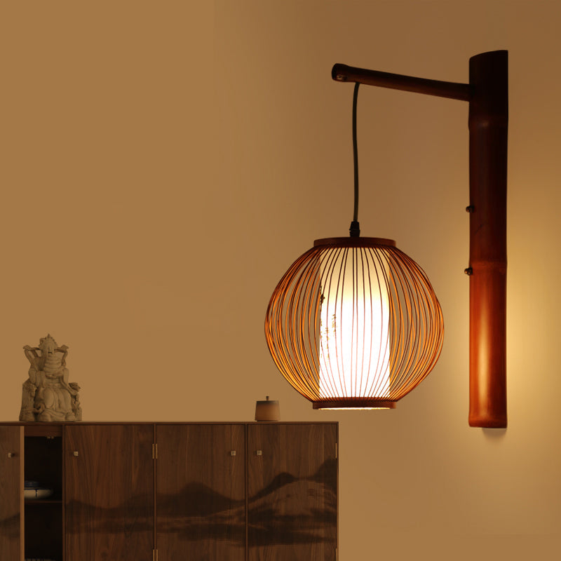 Bamboo 1 Bulb Bronze Wall Sconce With Inner White Cylinder Parchment Shade - Global Lighting Fixture
