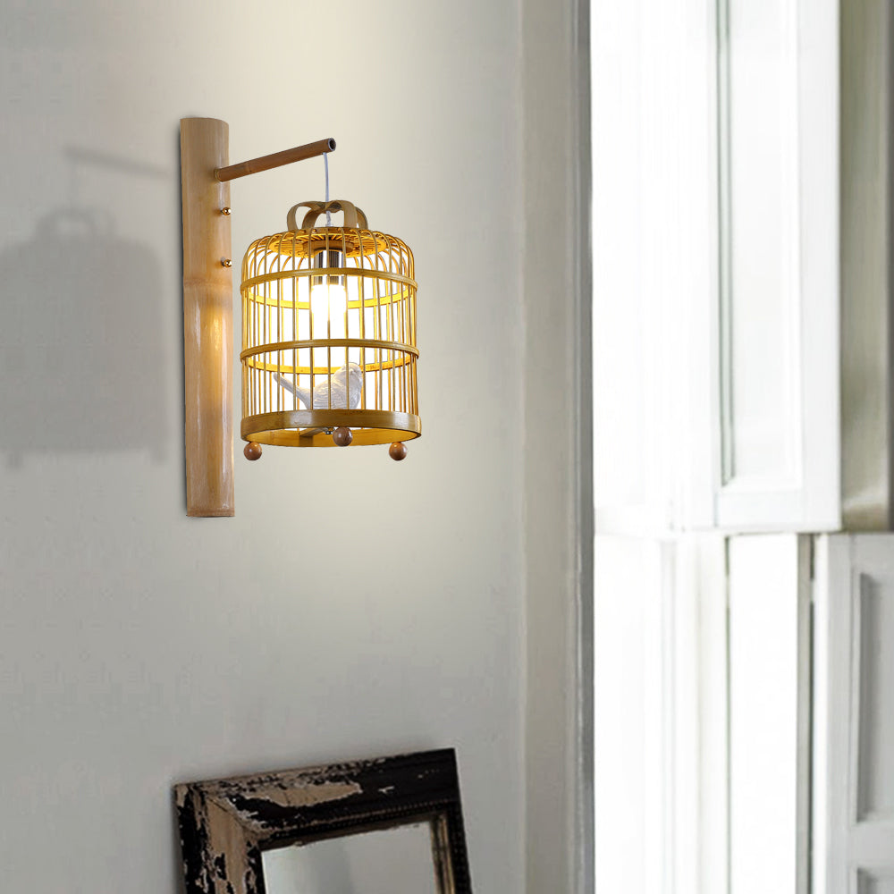 Bamboo Wall Mount Sconce Lamp With Asian Flair - Wood Cage Design 1 Bulb White Bird Deco