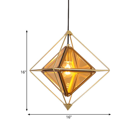 Black/Gold/Amber Glass Colonial Diamond Shape Ceiling Light Fixture - 1-Light Drop Pendant With Iron