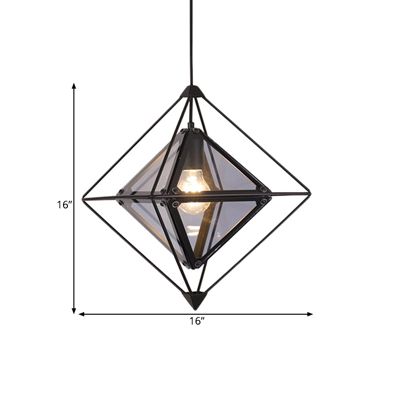 Black/Gold/Amber Glass Colonial Diamond Shape Ceiling Light Fixture - 1-Light Drop Pendant With Iron