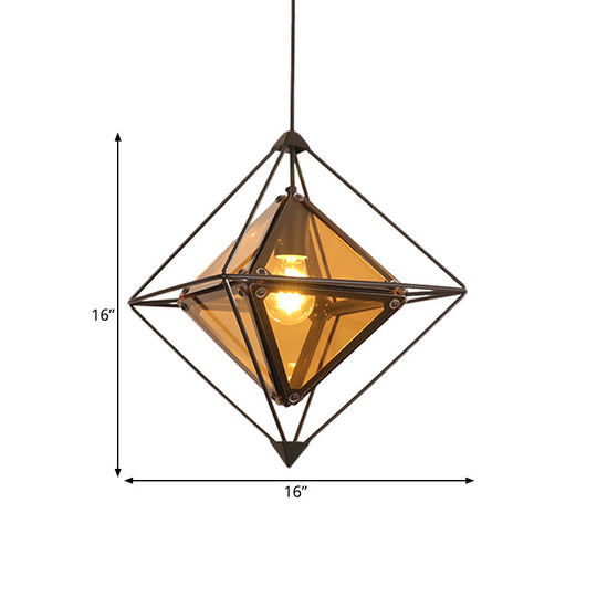 Black/Gold/Amber Glass Colonial Diamond Shape Ceiling Light Fixture - 1-Light Drop Pendant With Iron