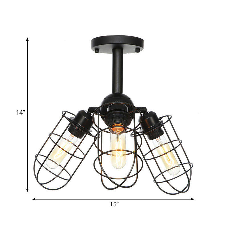 Semi Flush Industrial Black Ceiling Lighting For Living Room - 3 Heads With Wire Cage Metal Shade
