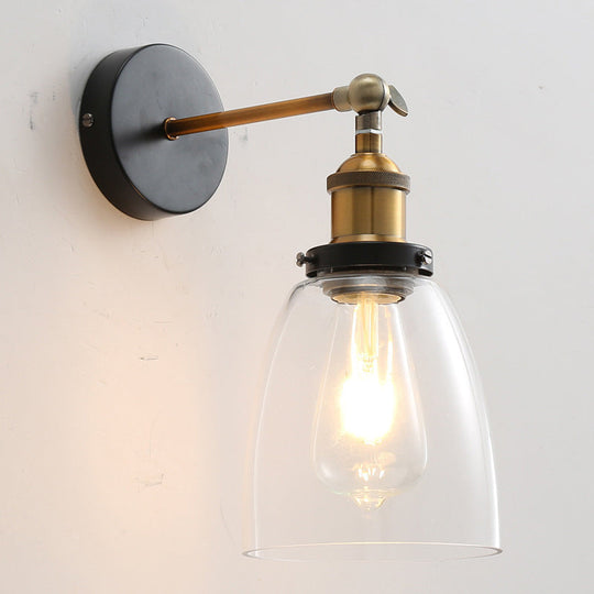 Vintage Industrial Wall Sconce - Single Clear Glass Shade Light Antique Brass / Barrel