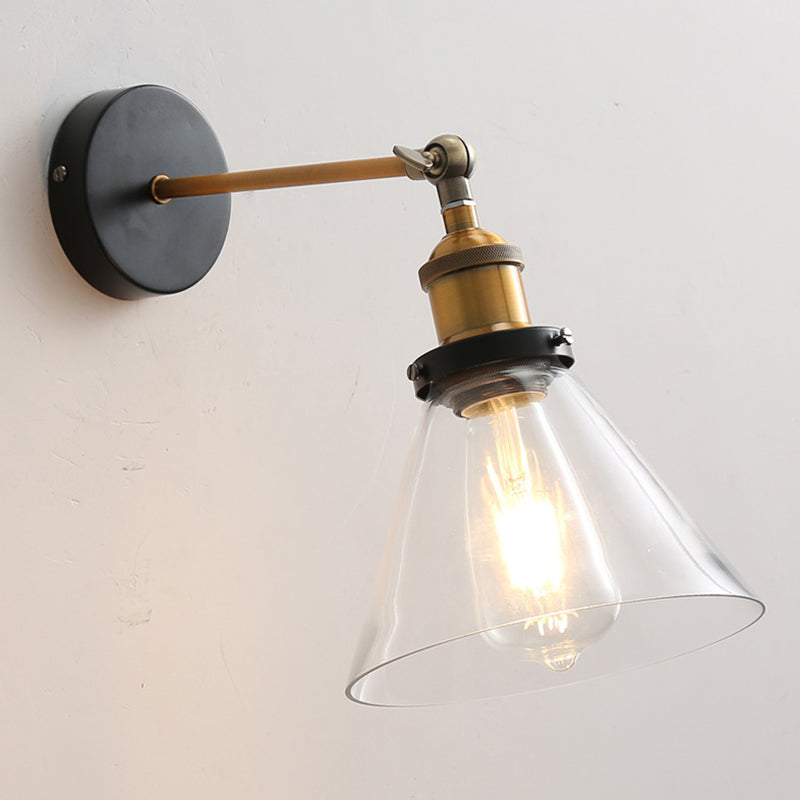 Vintage Industrial Wall Sconce - Single Clear Glass Shade Light Antique Brass / Cone