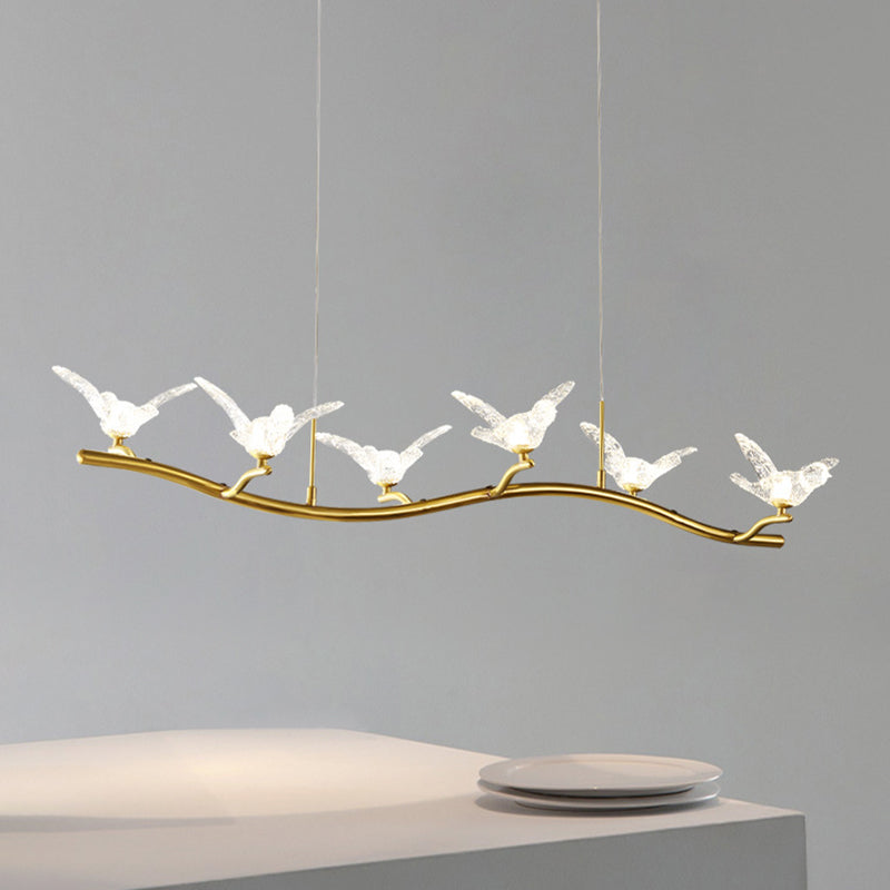 Twig Pendant Lamp With Bird Decor Gold Finish & Led Acrylic Island Light