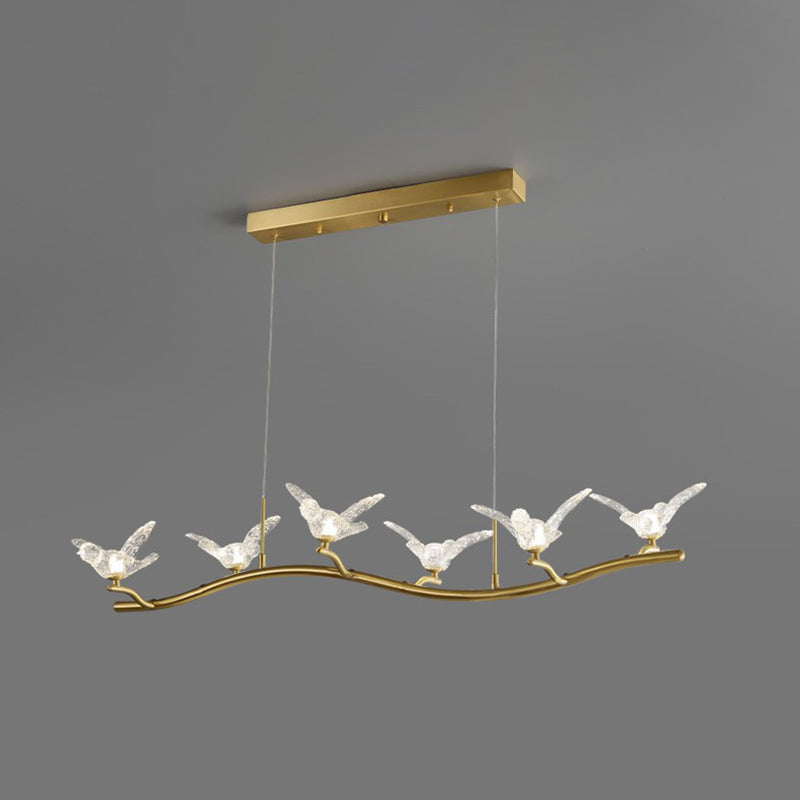 Twig Pendant Lamp With Bird Decor Gold Finish & Led Acrylic Island Light 6 /