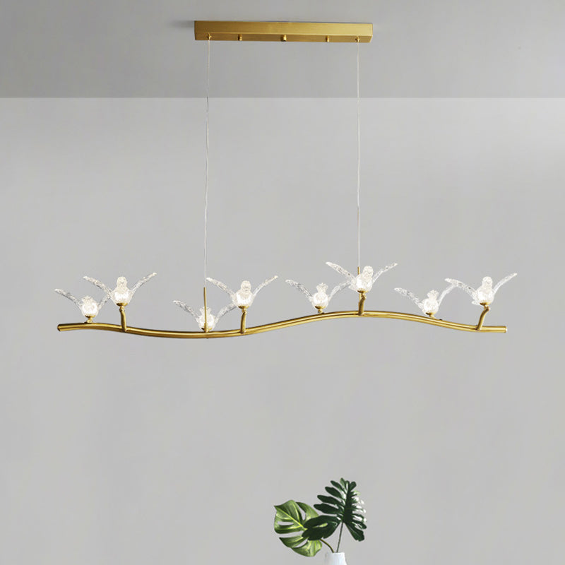 Twig Pendant Lamp With Bird Decor Gold Finish & Led Acrylic Island Light