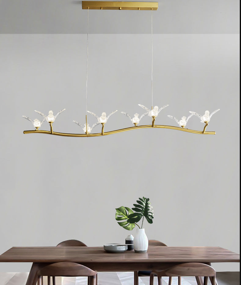 Twig Pendant Lamp With Bird Decor Gold Finish & Led Acrylic Island Light