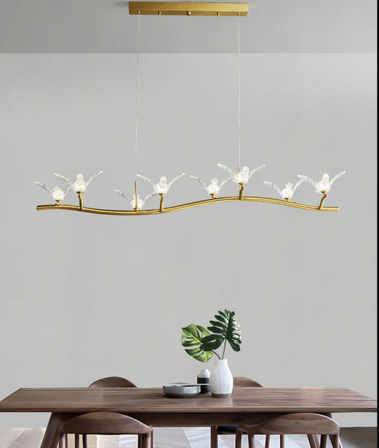 Twig Pendant Lamp With Bird Decor Gold Finish & Led Acrylic Island Light