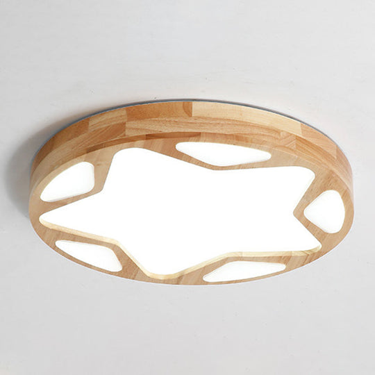 Modern Minimalist Round Natural Wood Star Ceiling Flush Mount Light For Living Room