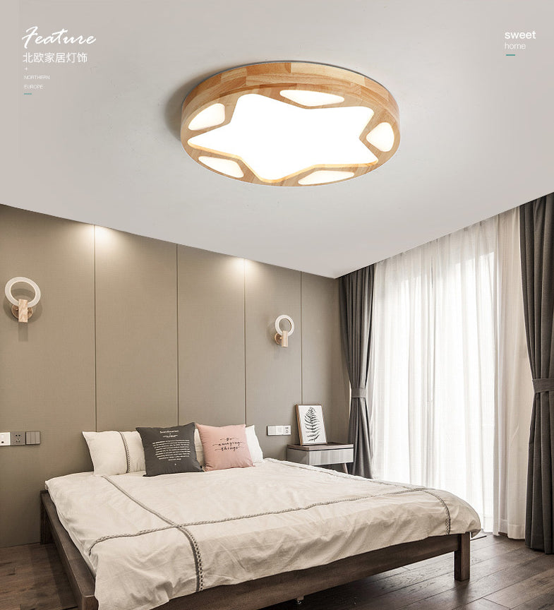 Modern Minimalist Round Natural Wood Star Ceiling Flush Mount Light For Living Room