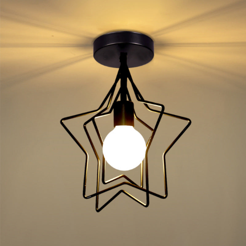 Black Iron Star Semi Flush Mount Ceiling Light For Living Room - Vintage 1-Light Fixture