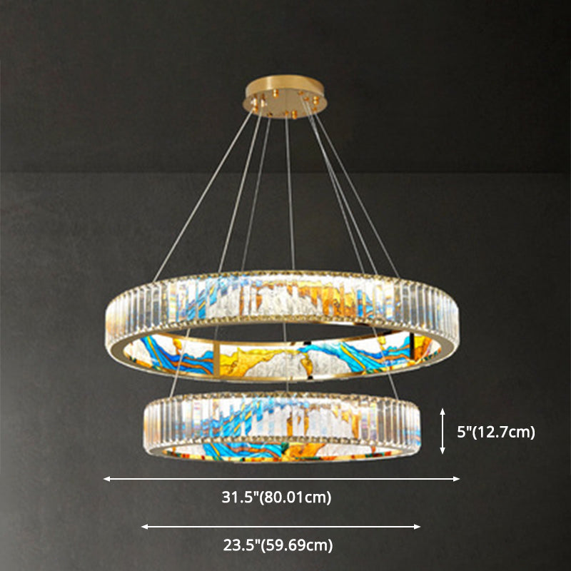 Modern Gold Led Pendant Lamp - K9 Crystal Ring Shaped Chandelier With Abstract Print