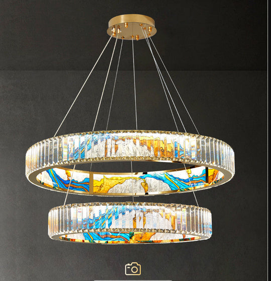 Modern Gold Led Pendant Lamp - K9 Crystal Ring Shaped Chandelier With Abstract Print