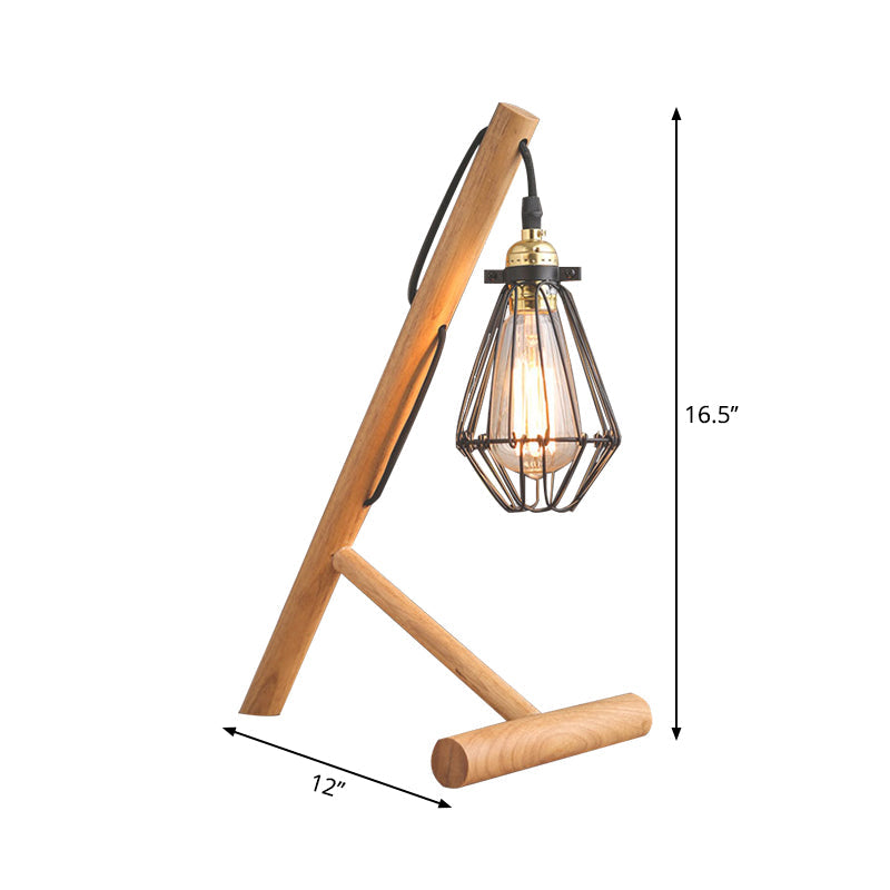 Metallic Caged Table Lamp - Industrial Style 1 Light Beige With Wooden Base For Living Room