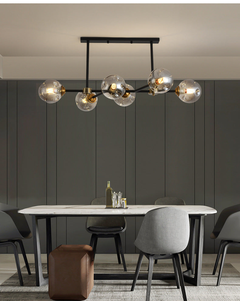 Modern Black Glass Island Pendant Light With 6 Spherical Lights For Dining Table