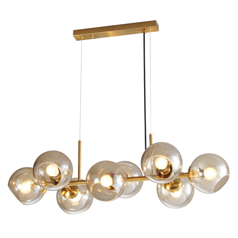 Mid-Century Gold Island Pendant Light - 8 Lights Spherical Glass Perfect For Dining Table Cognac