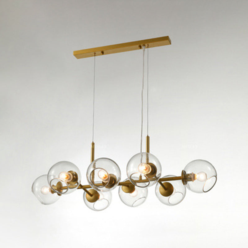 Mid-Century Gold Island Pendant Light - 8 Lights Spherical Glass Perfect For Dining Table Clear