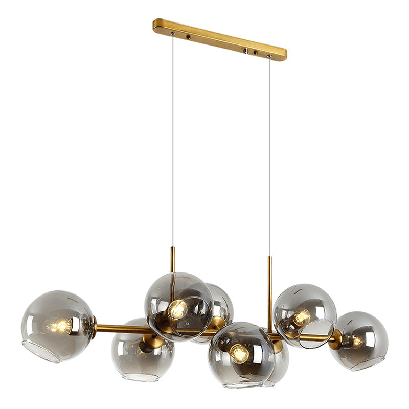 Mid-Century Gold Island Pendant Light - 8 Lights Spherical Glass Perfect For Dining Table Smoke Gray