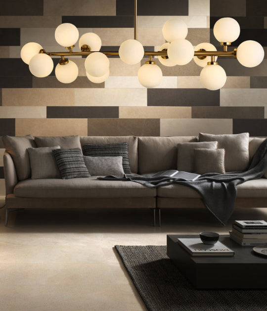 Modern Gold Island Pendant Lighting With 16 Lights - Spherical Glass Ceiling Light For Living Room