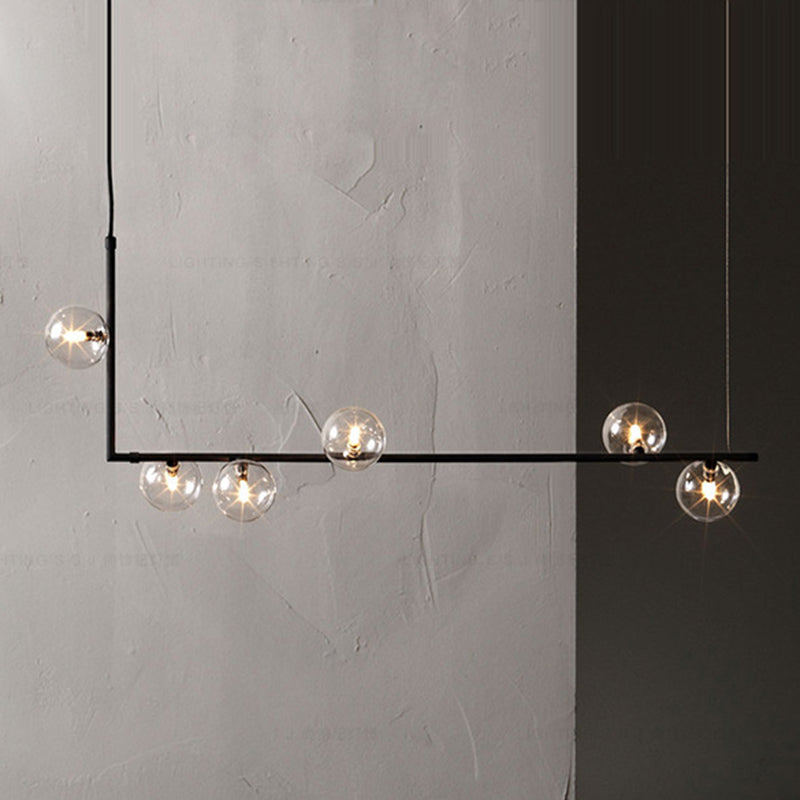 Modern Minimalism Black Linear 6-Light Island Pendant Lighting with Sphere Glass Shade for Living Room.