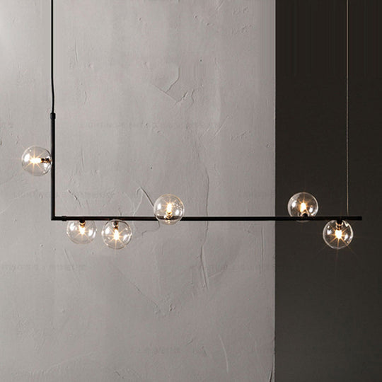 Modern Minimalism Black Linear 6-Light Island Pendant Lighting with Sphere Glass Shade for Living Room.