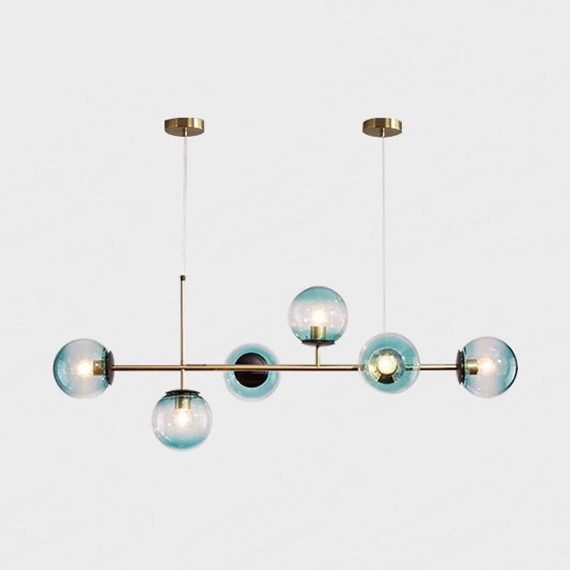 Modern Gold Metal Island Pendant Lighting With 6 Lights And Spherical Glass For Dining Table Blue