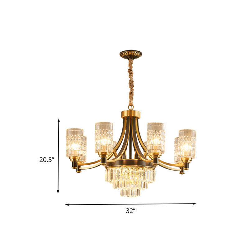 Gold Textured Crystal Chandelier with Cylinder Dining Room Hanging Light - Postmodern Style, 6/8 Heads