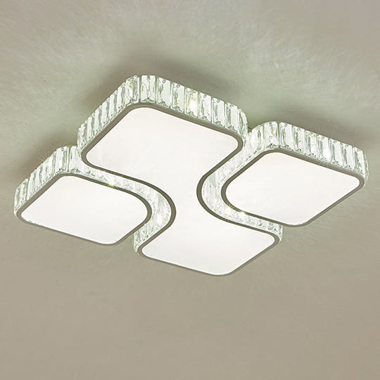 Modern White Quadrangle Led Acrylic Flush Mount Light With Crystal Inlay / 19.5